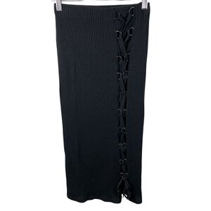 French Connection Y2K Black Midi Ribbed Skirt sz S Front Slit Ribbon Lace Up 90s
